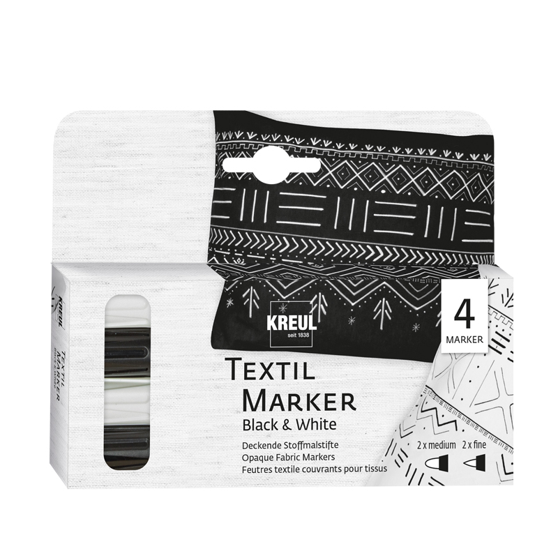 Kreul Textil Marker opak, Set mit 4 Stk. — 2 schwarz / 2 weiß